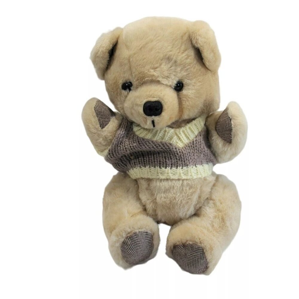 Vintage Plush Teddy Bear Toy Unisex 10" Beige Jointed Knit Sweater Taiwan